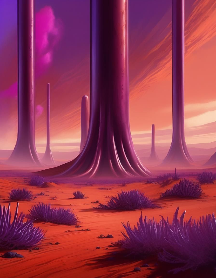 Martian Desert: Towering Purple Plants in Oil Painting Style