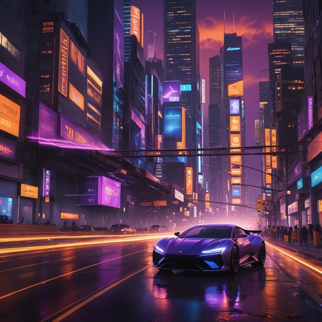 Futuristic Car Speeding Through Neon Cityscape