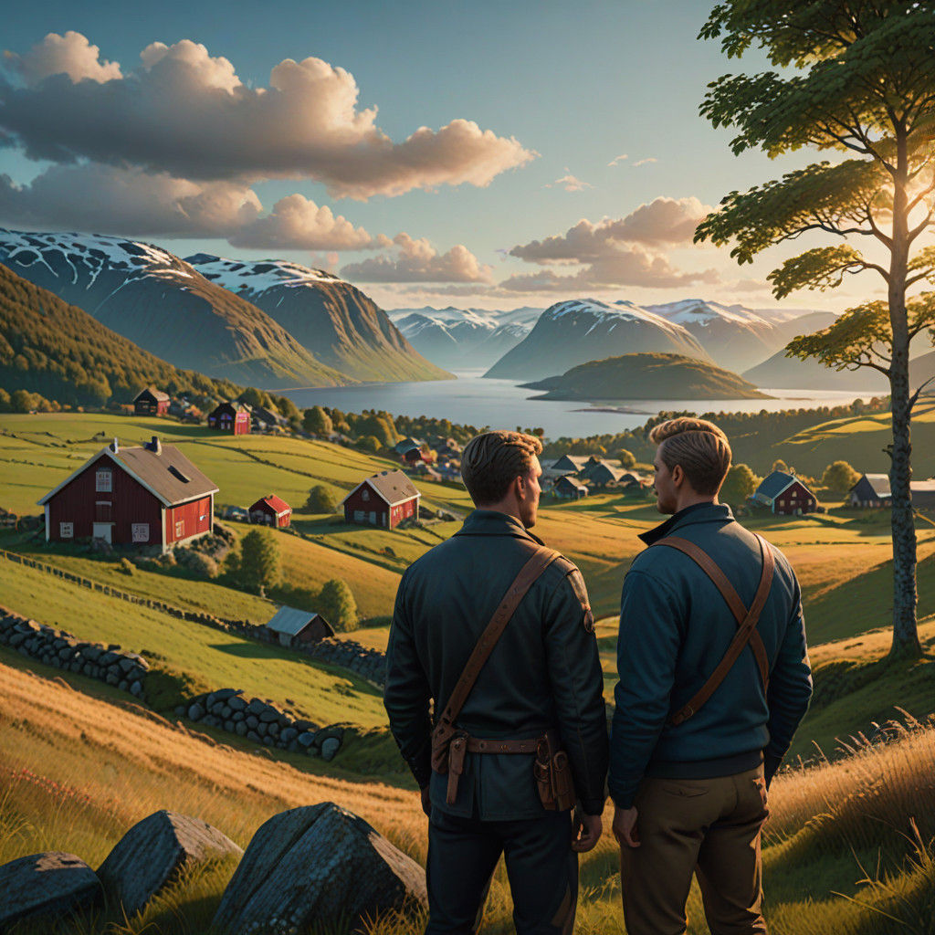 Two Men Embraced on a Norwegian Farm