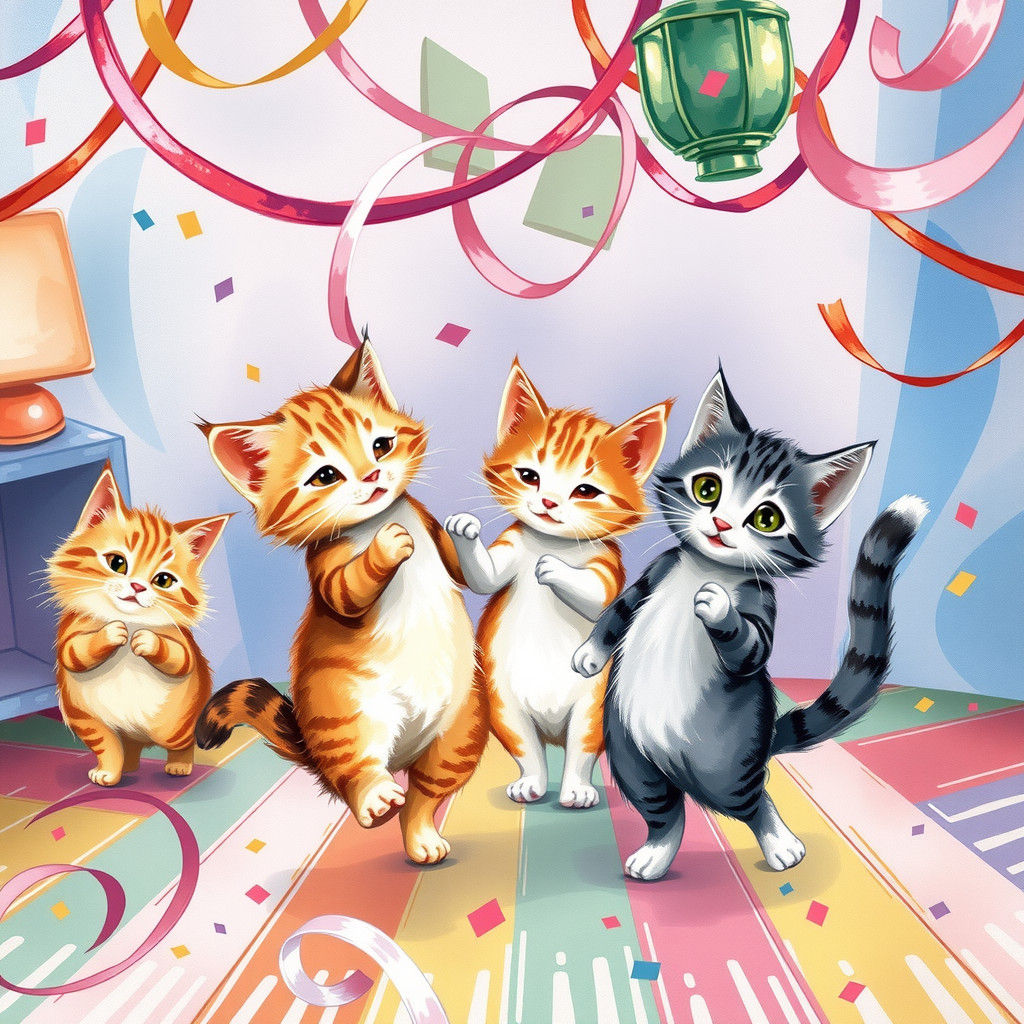 Dancing Kitties in a Whimsical Children's Illustration