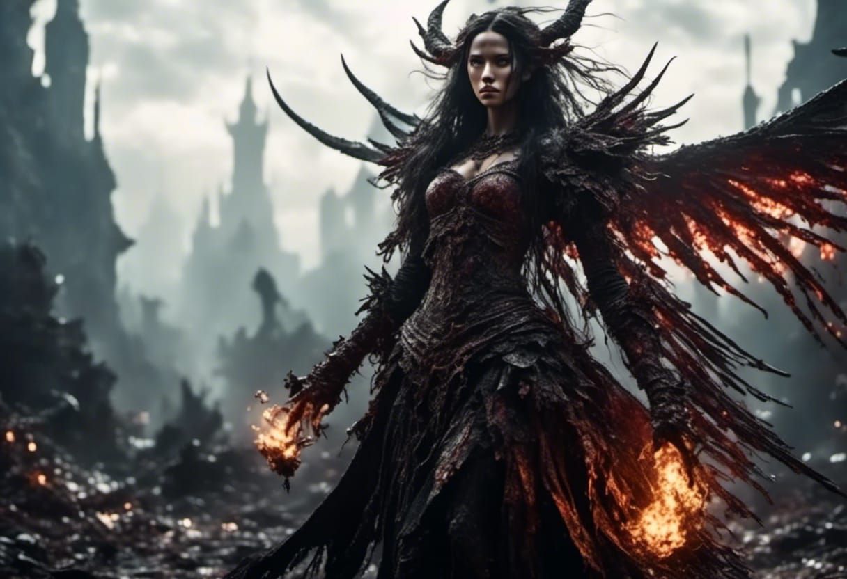 Vibrant Female Demon with Tattered Wings