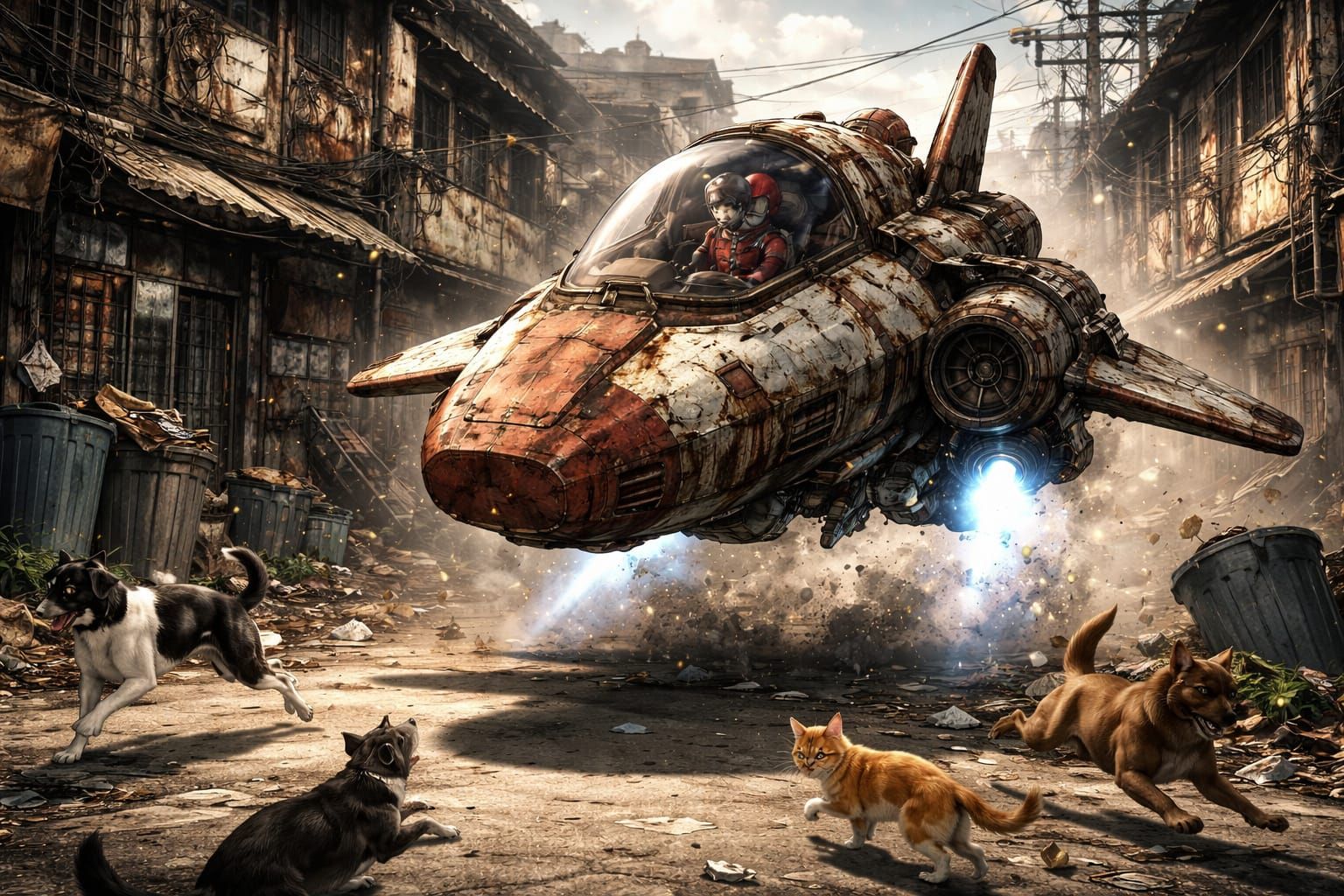 Anime Style Spaceship Landing in Grimy Urban Town