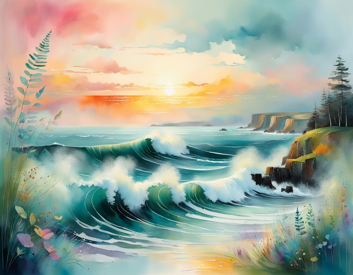 Ethereal Sea at Dawn in Patchwork Pastel Colors