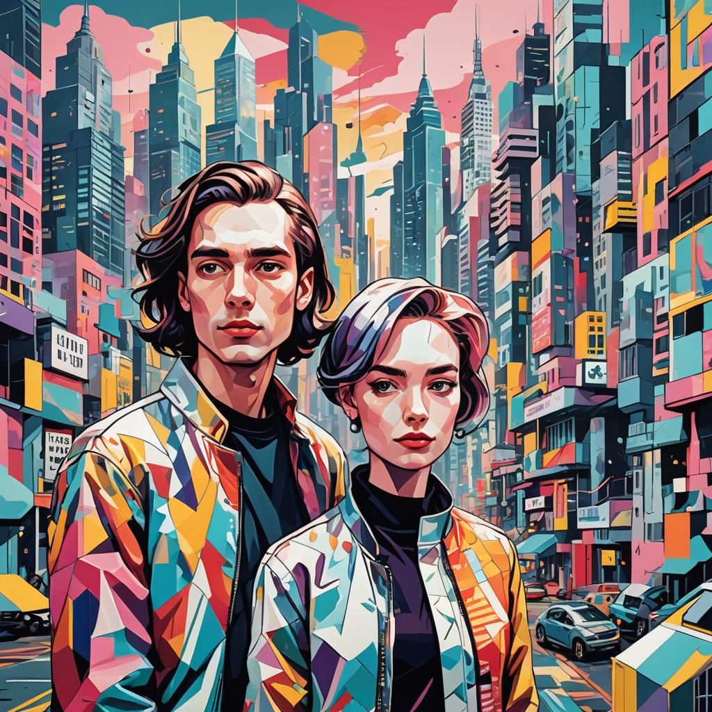 Futuristic Cityscape: Diverse People in Pop Art Style