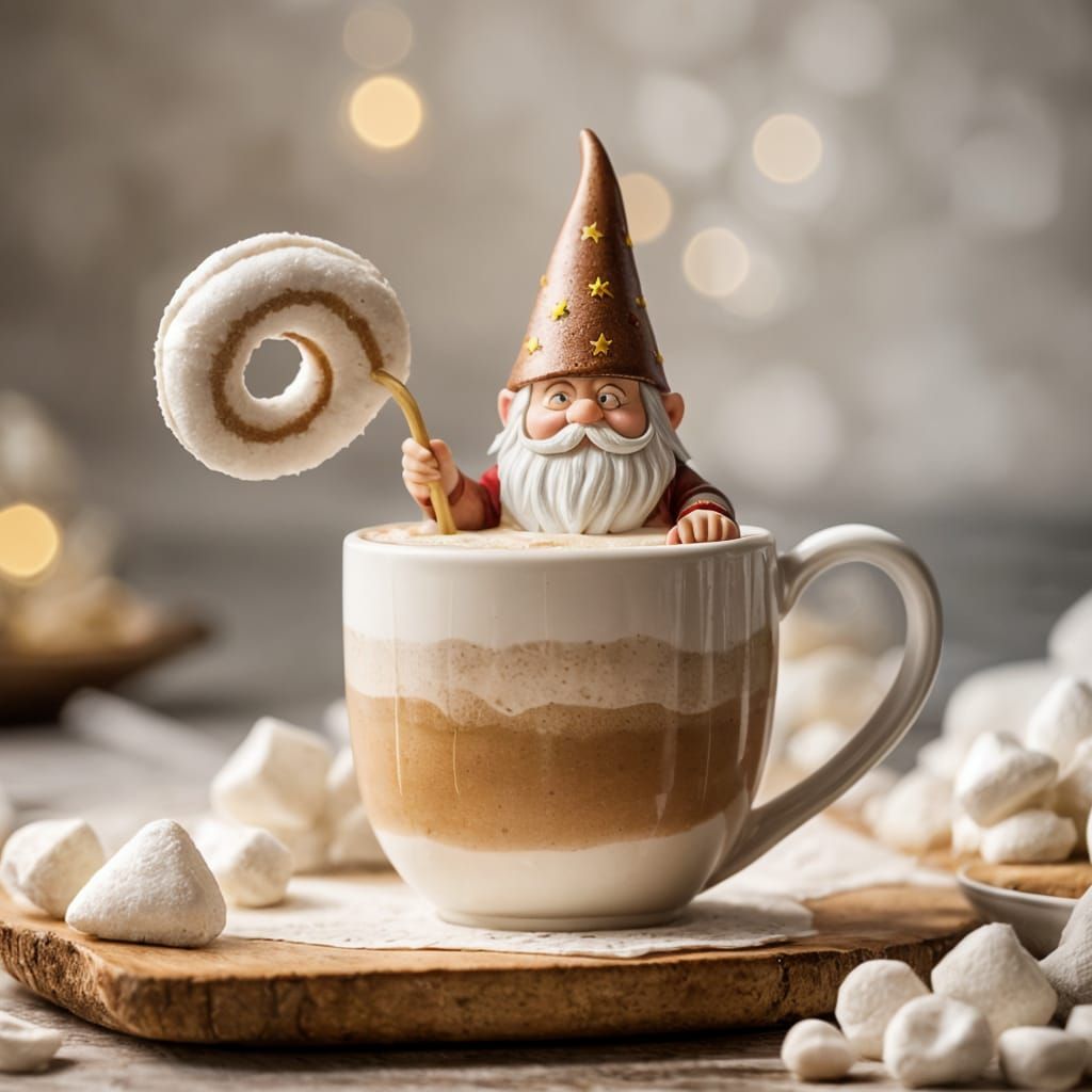 Latte Art: Gnome Riding Marshmallow in Mug