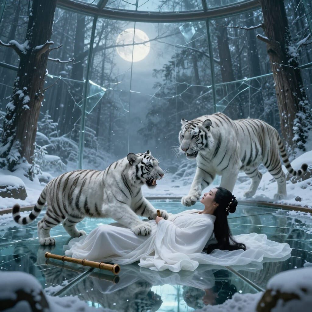 Haunting Scene of Tiger Cub Attack in Ethereal Glass Buildin...
