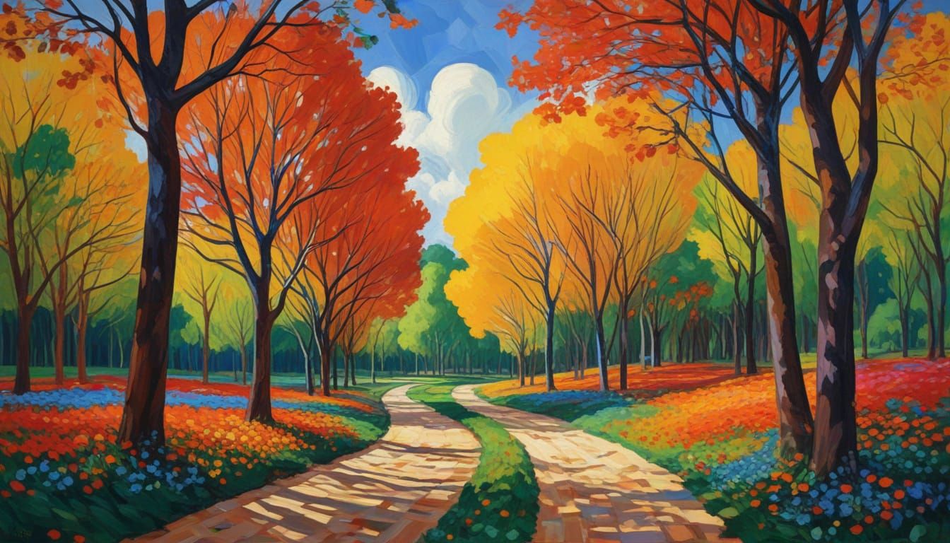 Vibrant Fauvist Landscape with Swirling Colors and Dappled S...