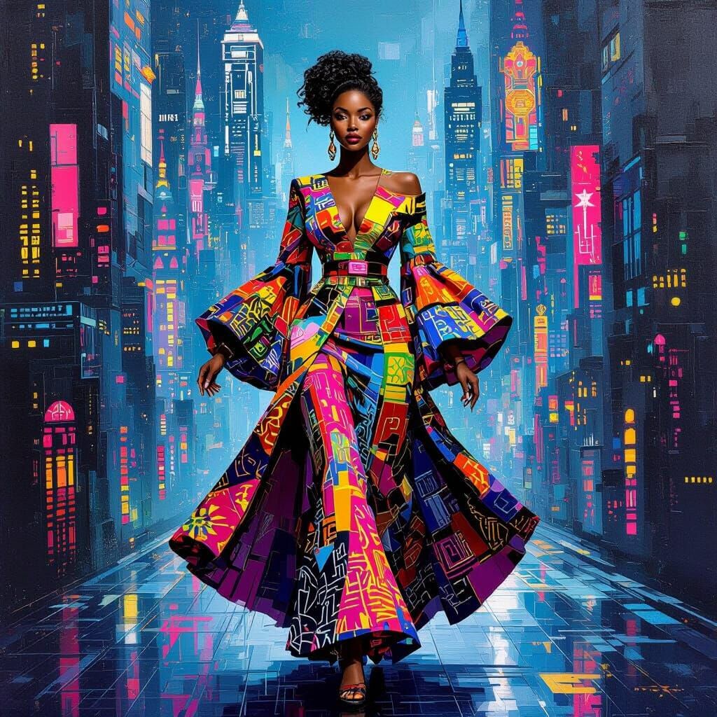 Futuristic African American Woman in Cyberpunk Cityscape