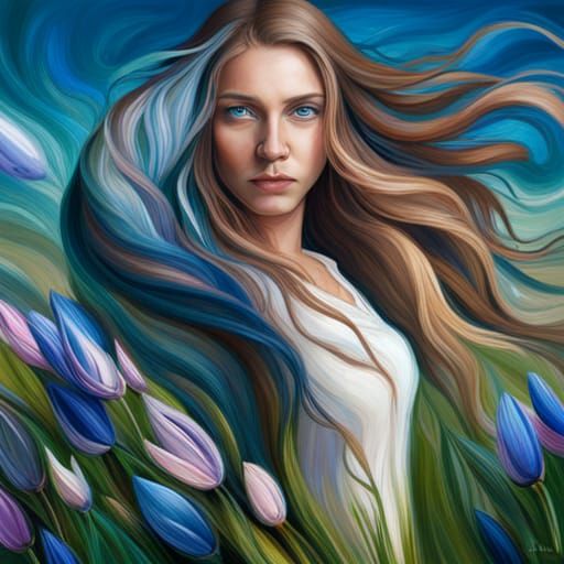 French Woman in Azure Flower Field: Hyperrealistic Art