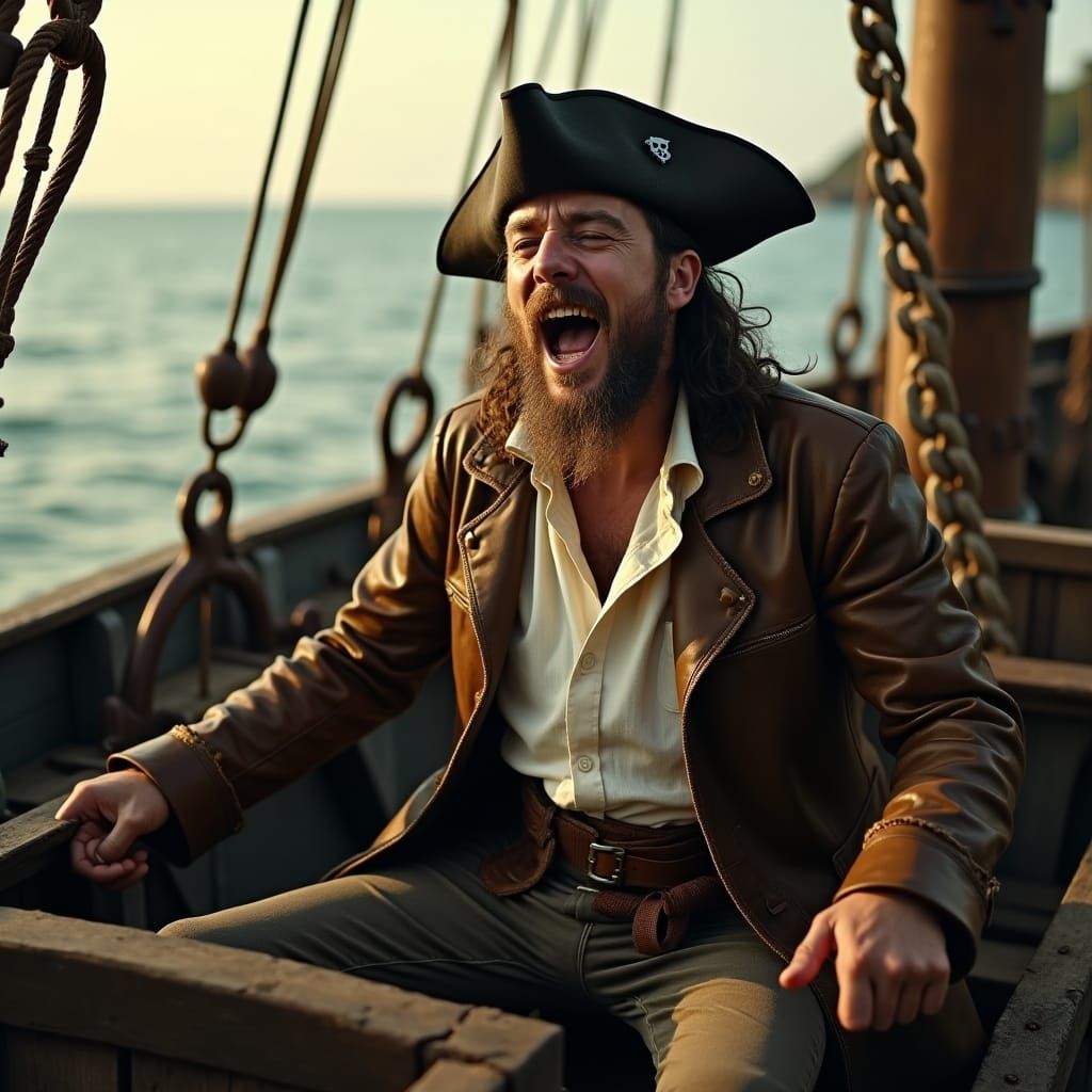 Pirate Singing in His Boat: Cinematic Film Still