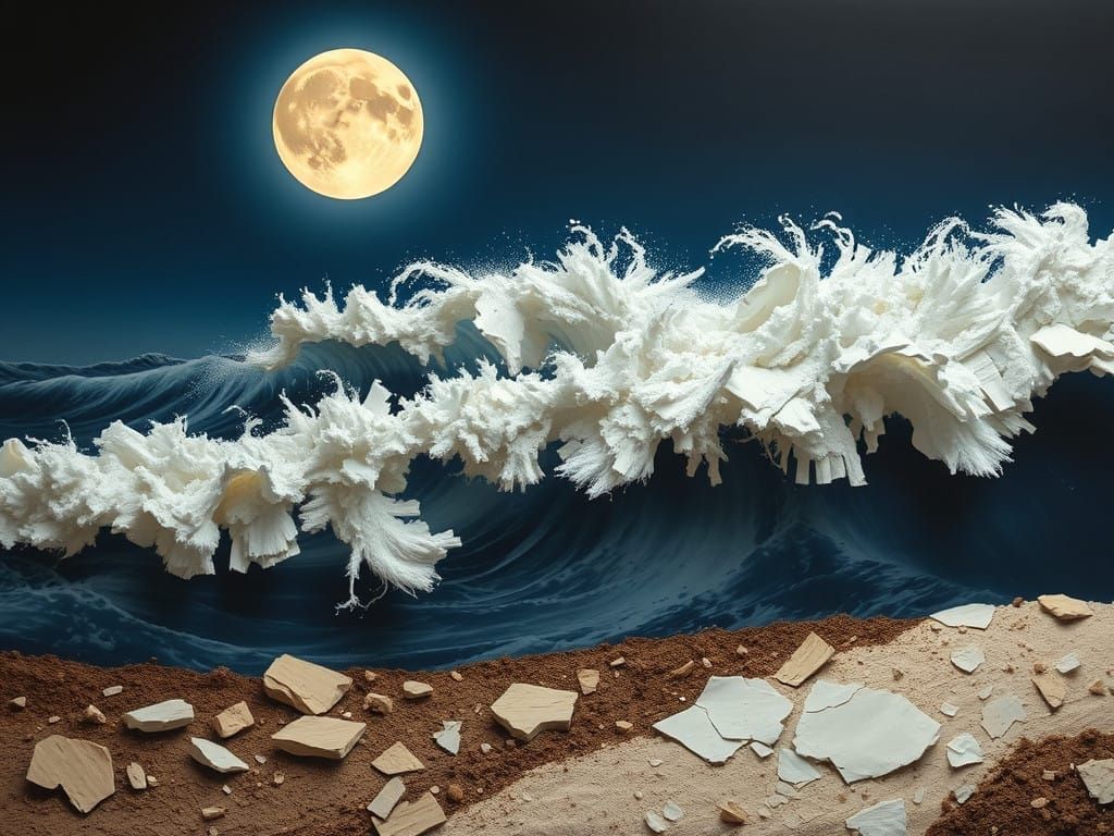 Ethereal Moonlit Landscape in Turbulent Waves