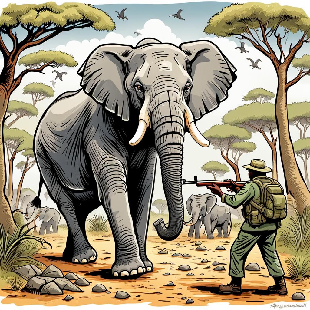 Cartoon of Poachers Hunting Elephants