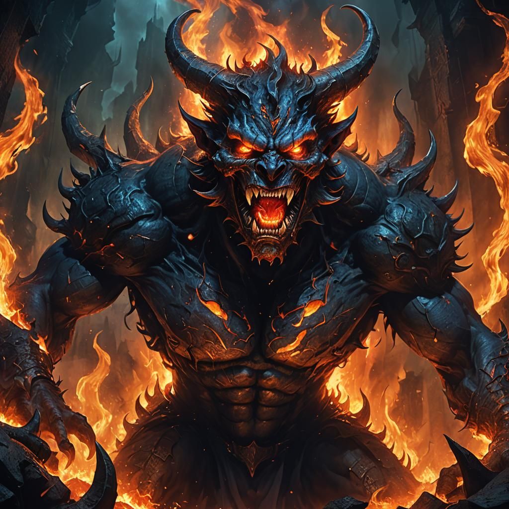 Glowing-Eyed Demon in Hell: Dark Fantasy Concept Art