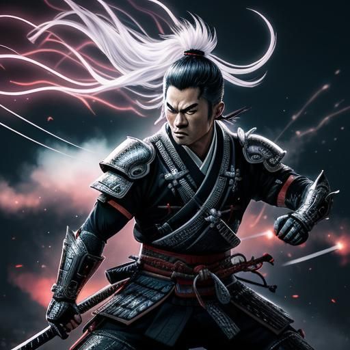 Silver Samurai Katana with Electrifying Energy in Manga Styl...