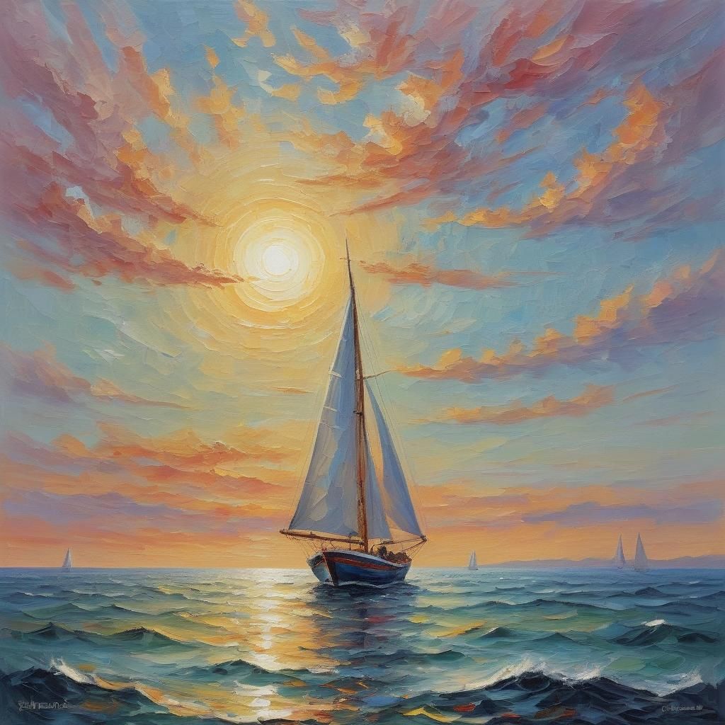 Sailboat at Sunset in Expressionist Oil Painting Style