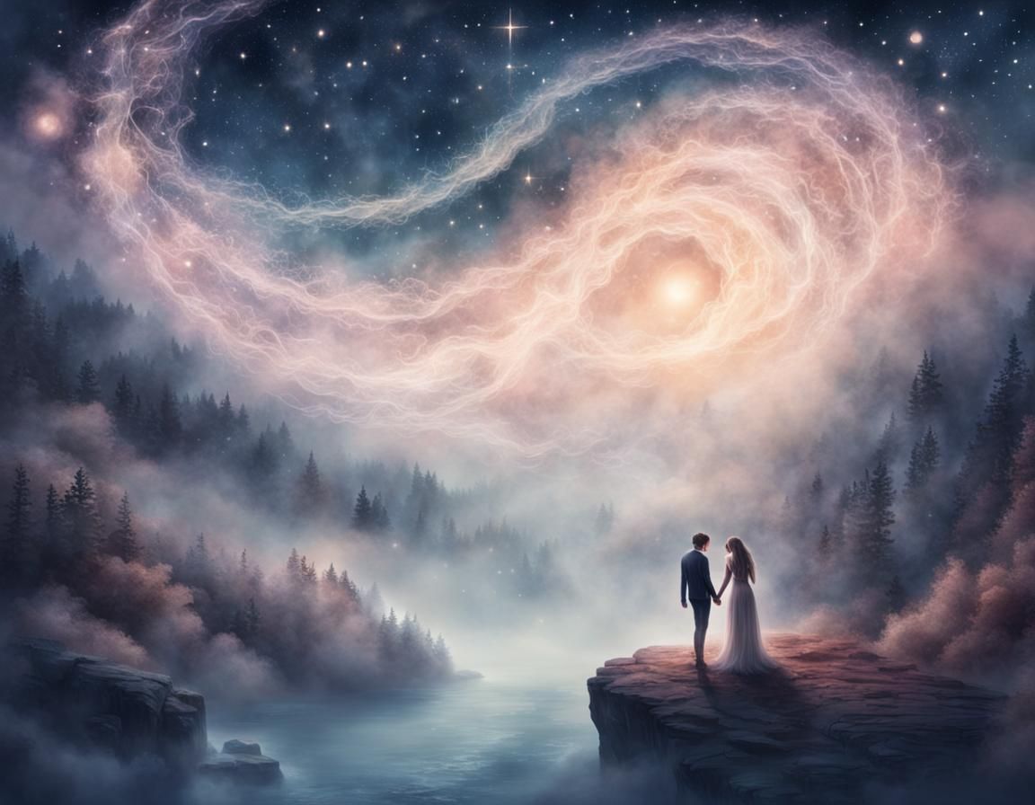 Lovers Embrace in Ethereal Starry Fantasy World