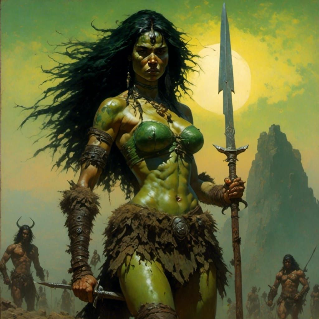 Green-Skinned Orc Barbarian Woman in Fur Armor