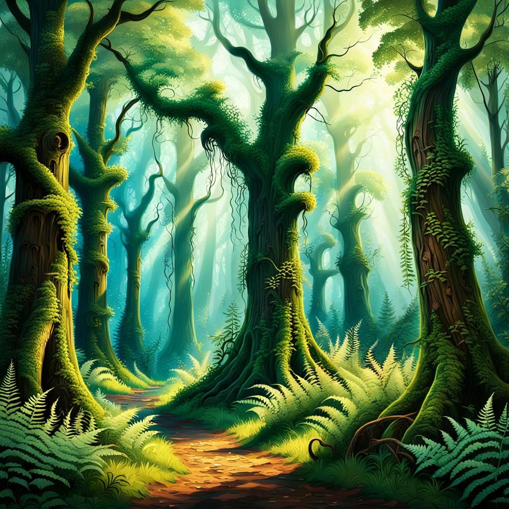Mystical Forest with Glowing Crosses in Anime Style