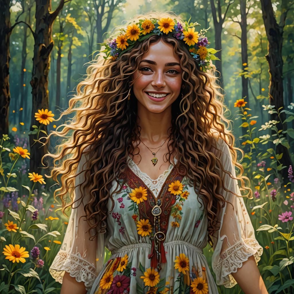 Beautiful Hippie Girl in Hyperdetailed Acrylic Painting