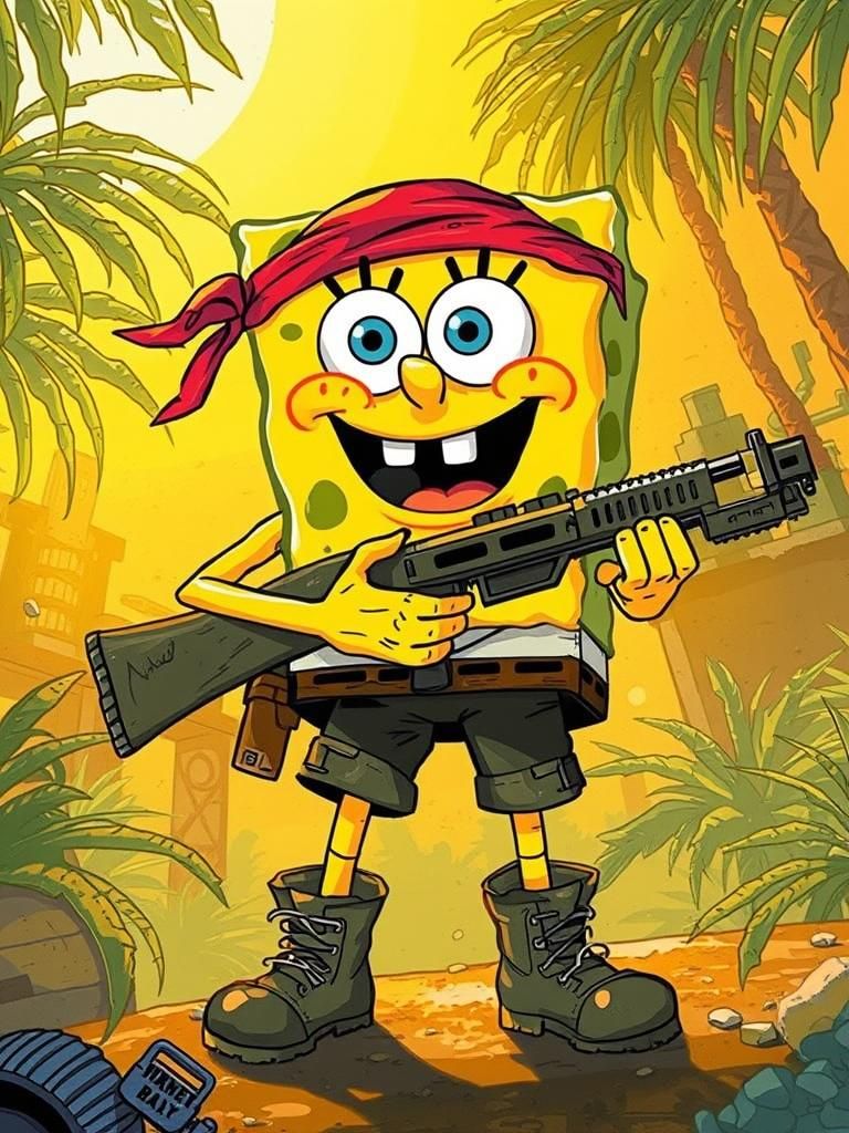 SpongeBob as Rambo: Cinematic Film Still