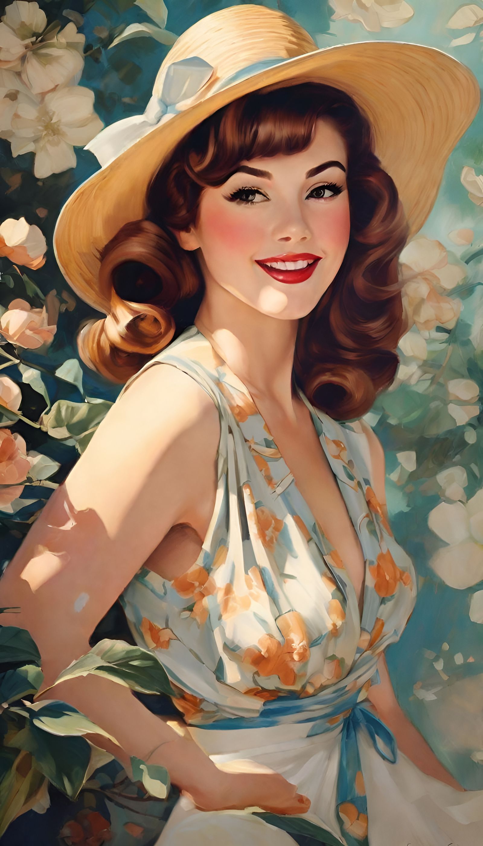 Anime Pin-Up Portrait in Art Nouveau Style