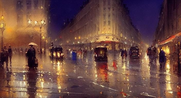 Romantic Watercolor of Paris Street at Night