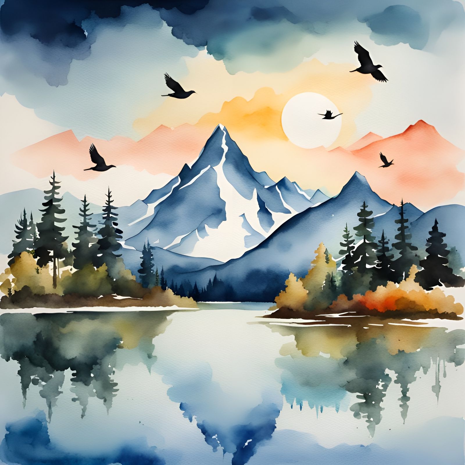 Watercolor Mountain Lake Scene with Birds