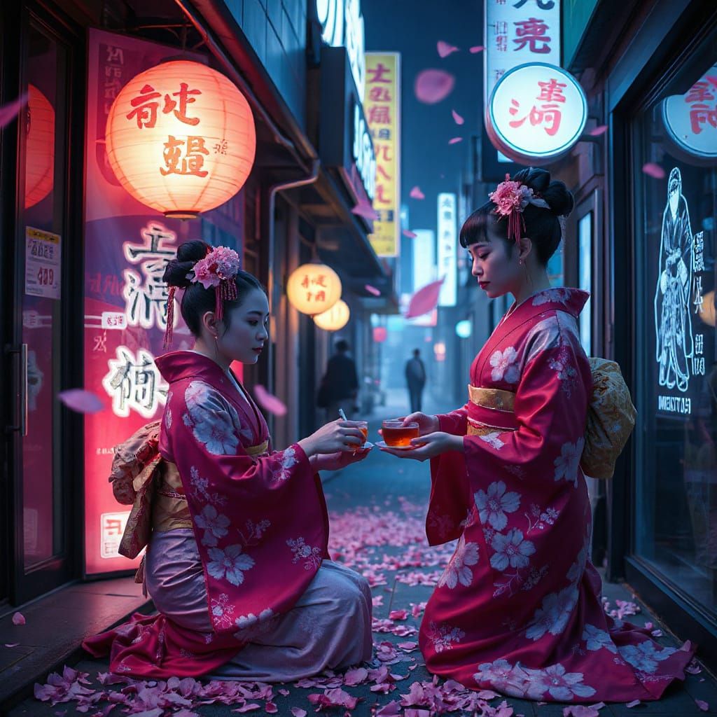 Cyberpunk Geishas Serve Digital Deities in Neon City