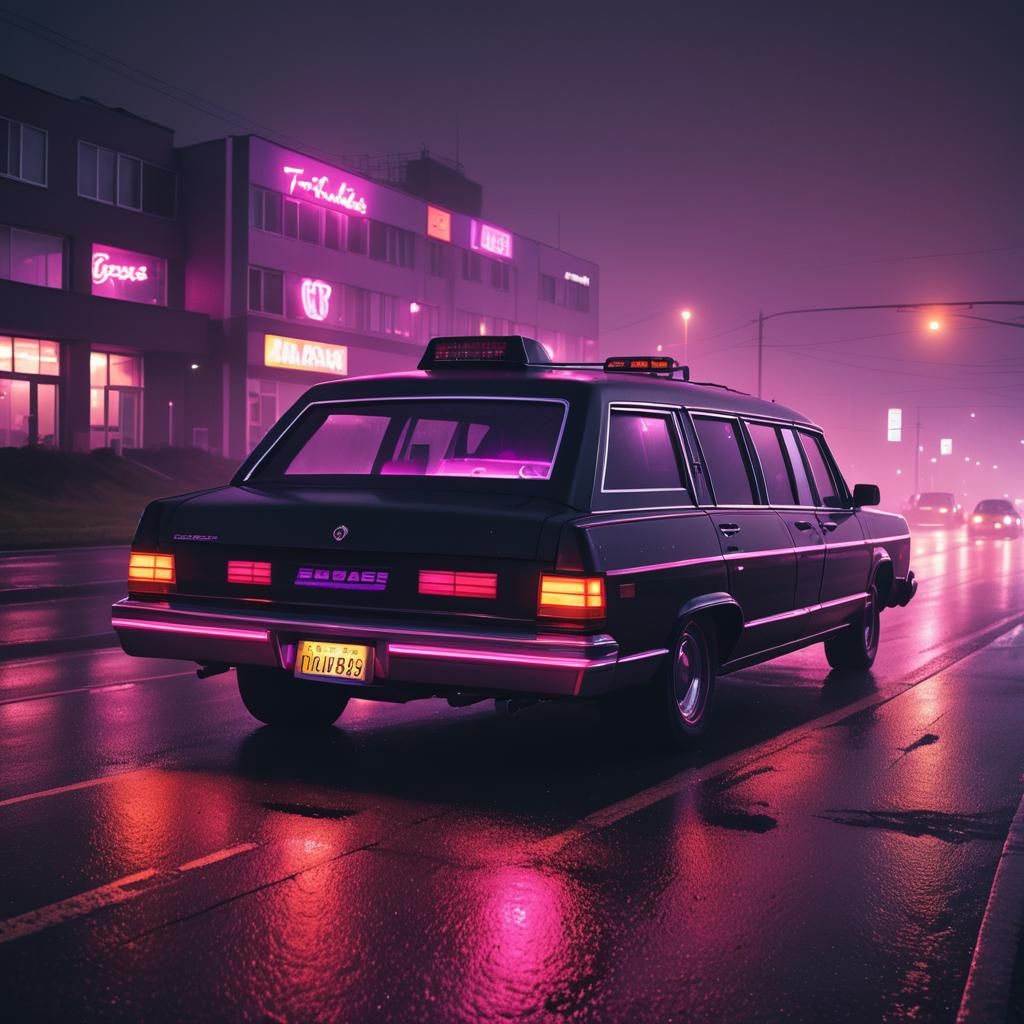 Synthwave Hearse on Autobahn in Cyberpunk Style
