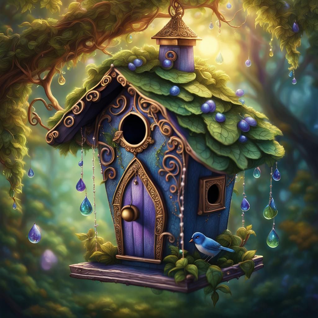 Ornate Birdhouse with Swing in Forest Setting