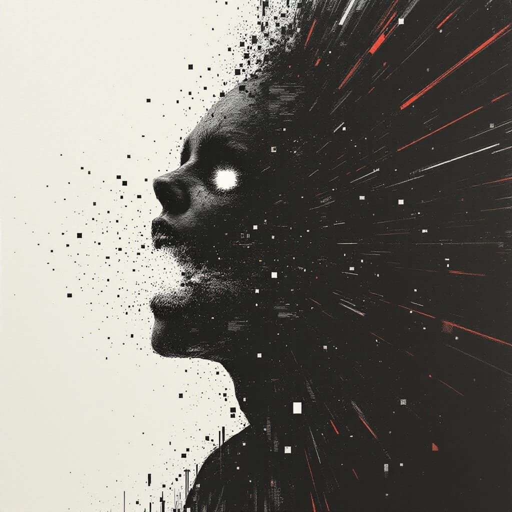 Digital Chaos: Human Form Disintegrating into Pixelated Stor...