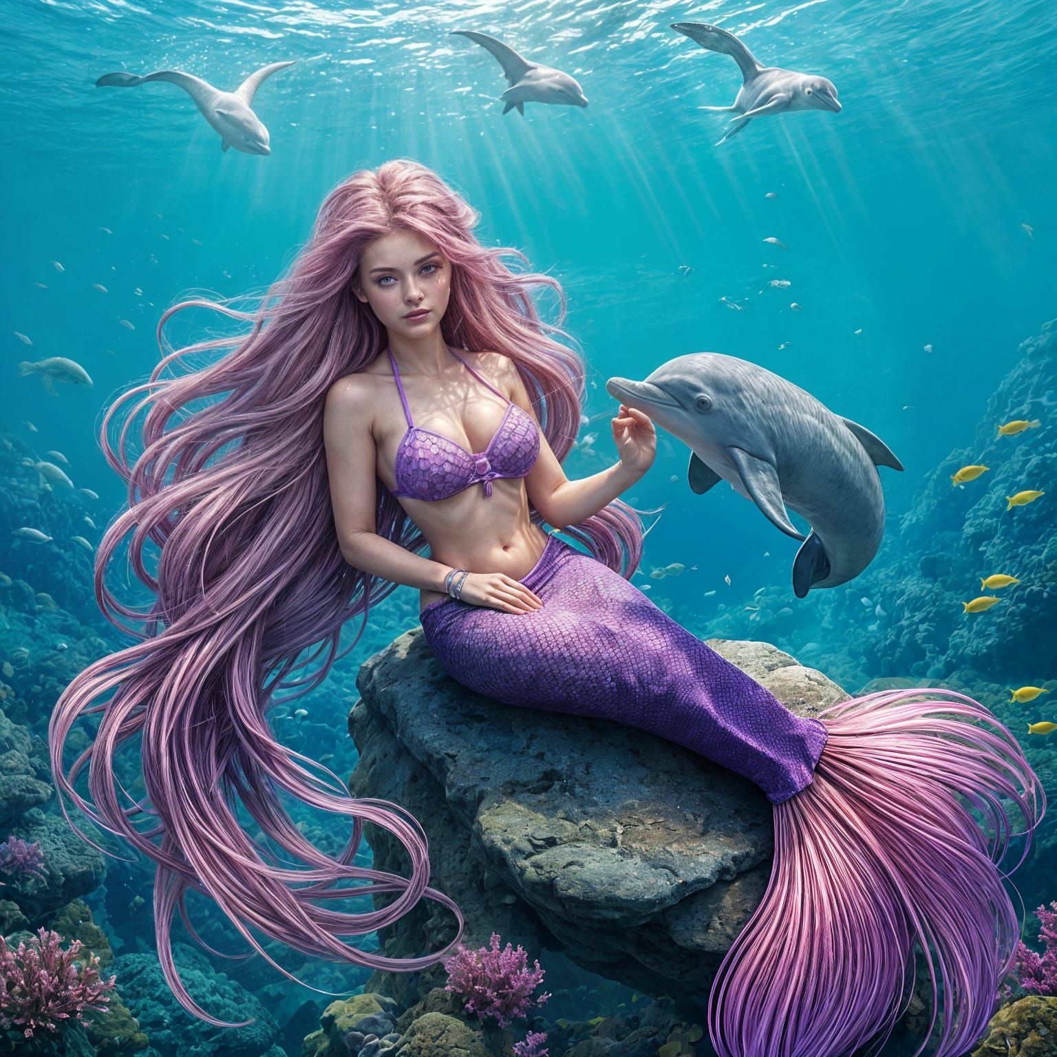 Vibrant Underwater Scene of Mermaid with Dolphin and Birds