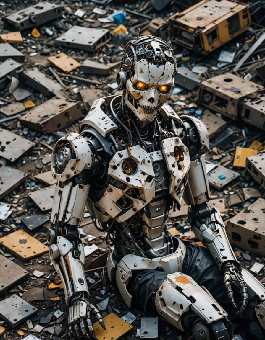 Ruined Cyborg Boy in Landfill: Cyberpunk Scene