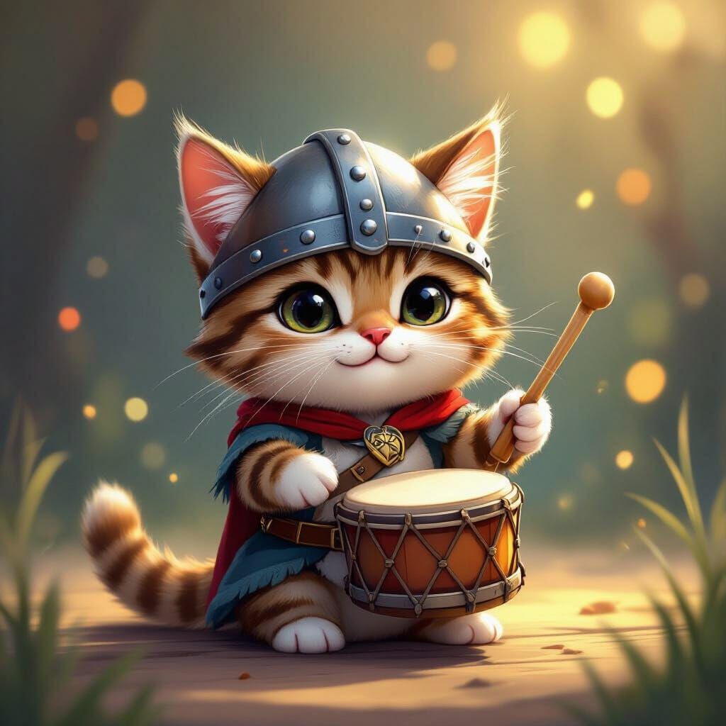 Whimsical Viking Cat Drummer in Vibrant Digital Art Style