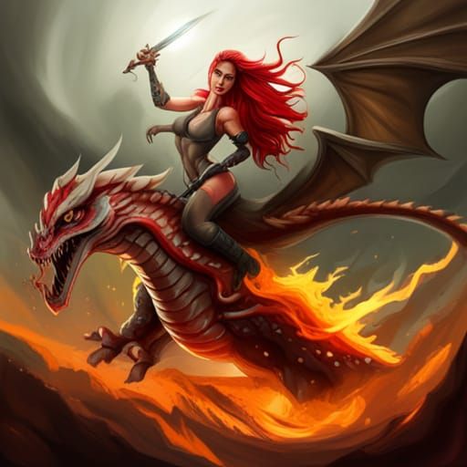 Red-Haired Warrior Woman on Dragon in Graffiti Art