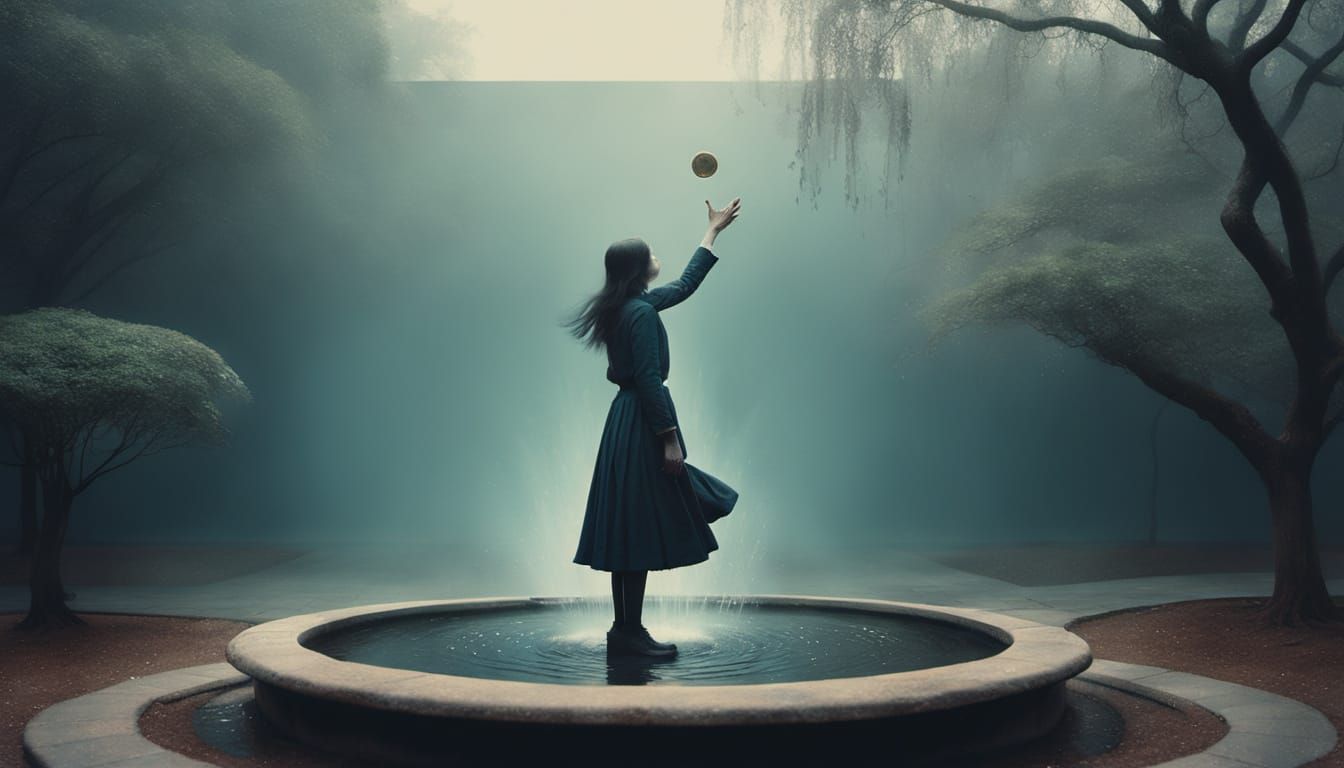 Mysterious Figure at an Avant-Garde Fountain