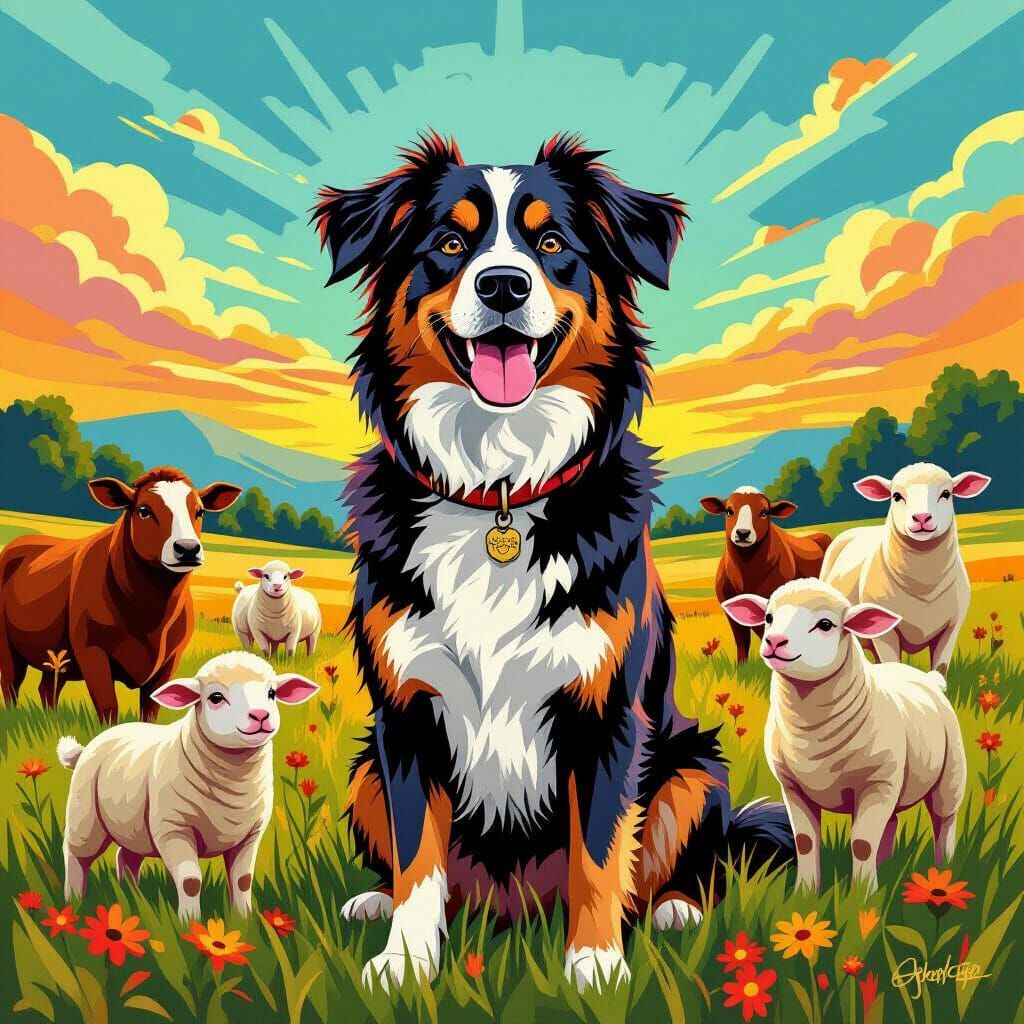 Dog Herding Livestock in Vibrant Folksy Scene
