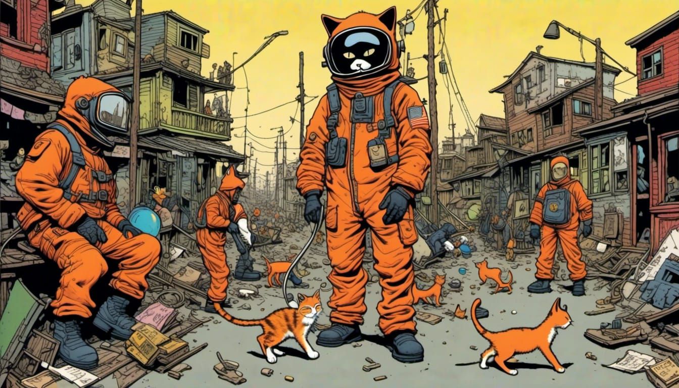 Dystopian Slum with Hazmat Suits and Cats