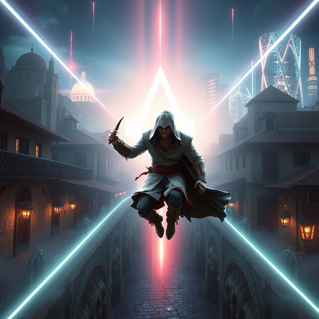 Assassin Leaps Through Portal in Futuristic Landscape
