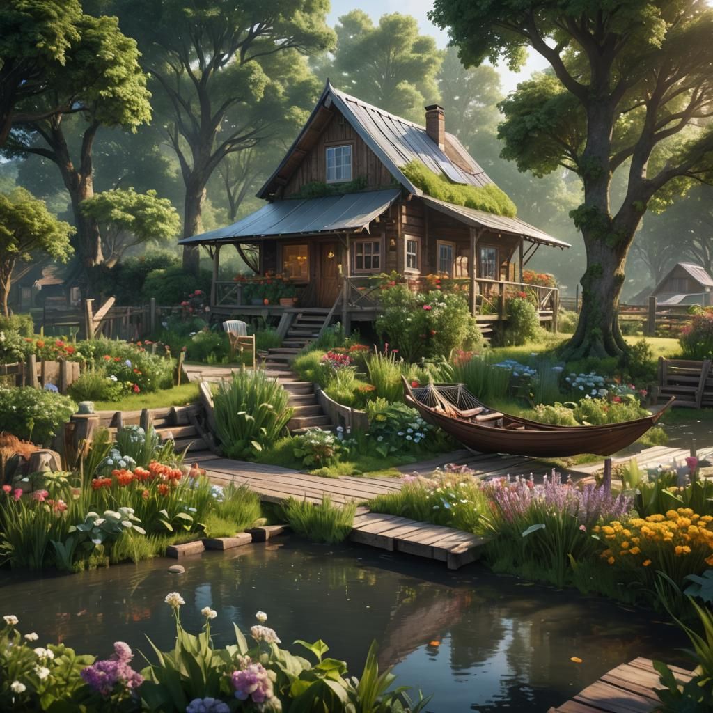 Cozy Wooden House in Lush Fantasy Landscape