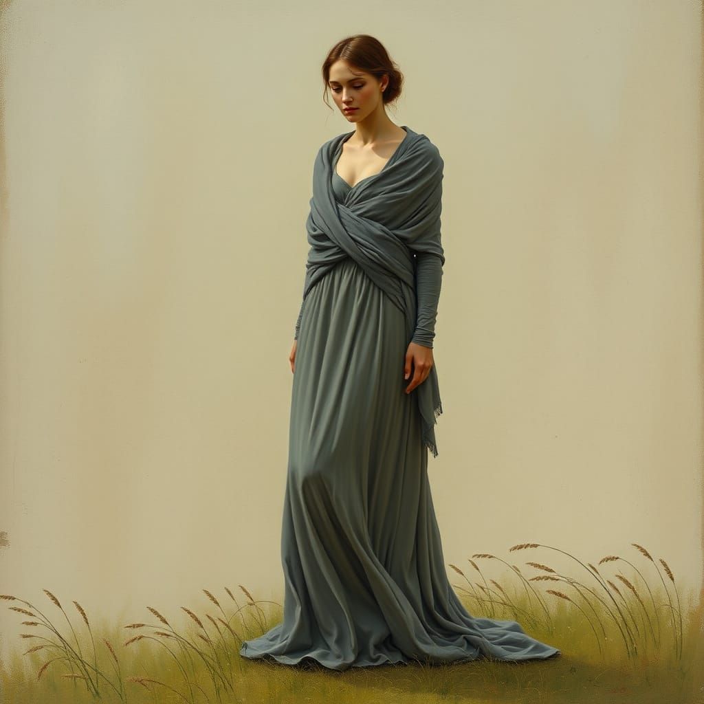 Woman in Gray Dress, Pre-Raphaelite Style