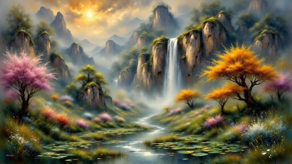 Chinese Landscape with Waterfall in Impressionist Style