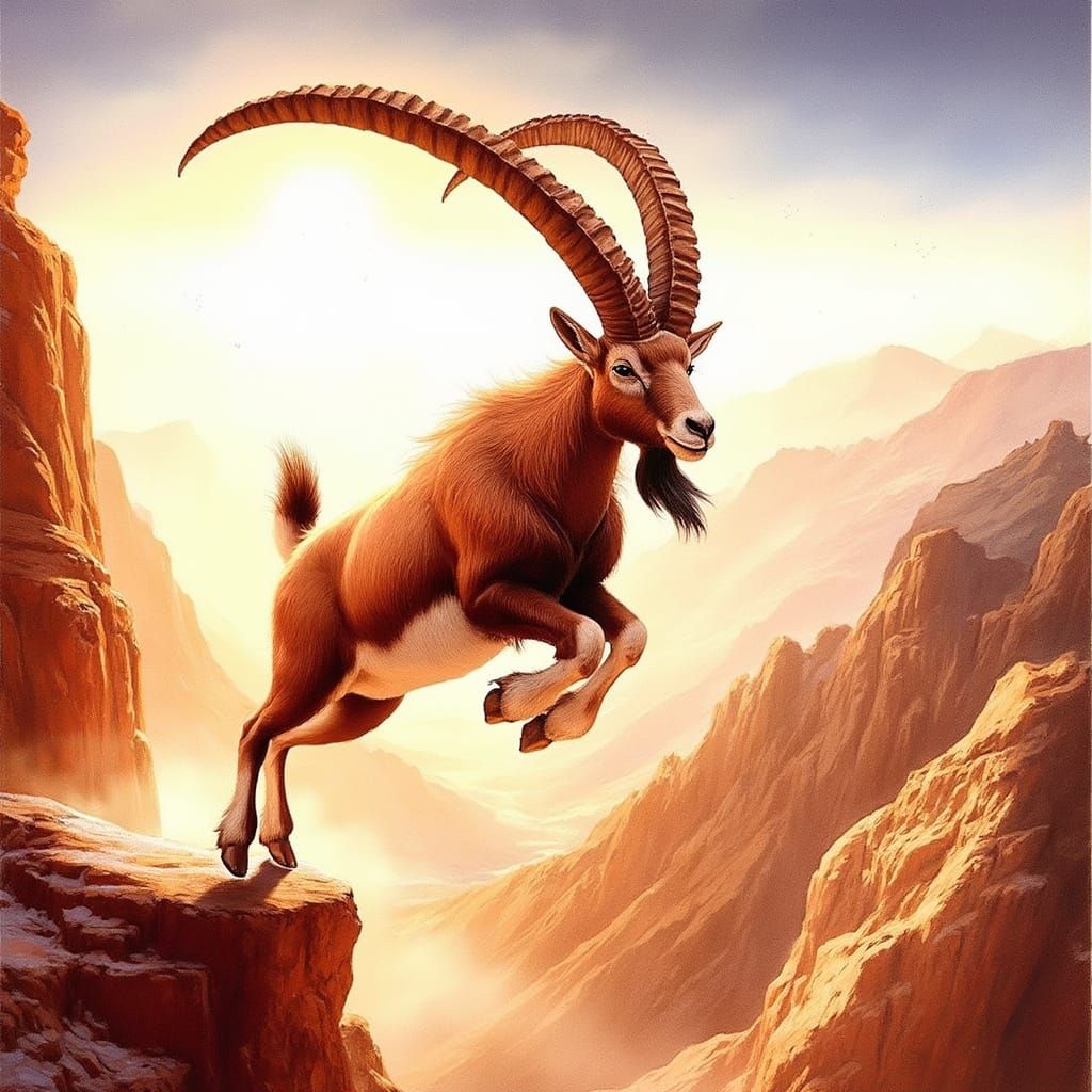 Ibex Leaping Towards the Camera