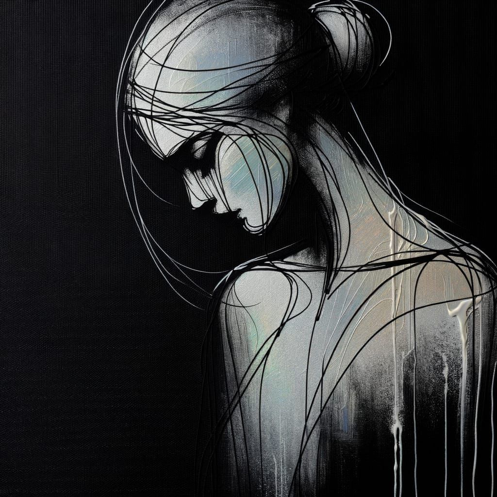 Iridescent Oil Painting of Abstract Sorrowful Figure