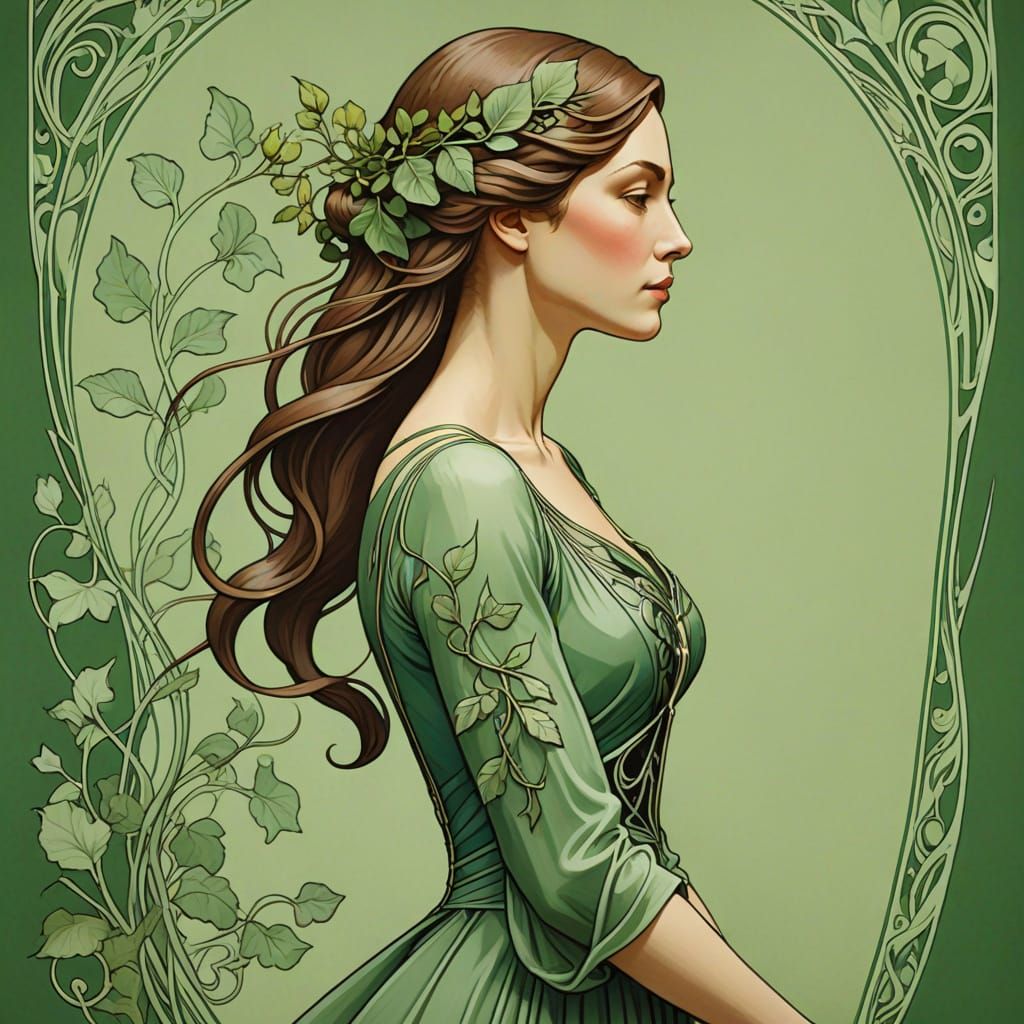 Art Nouveau Woman Profile Portrait in Green