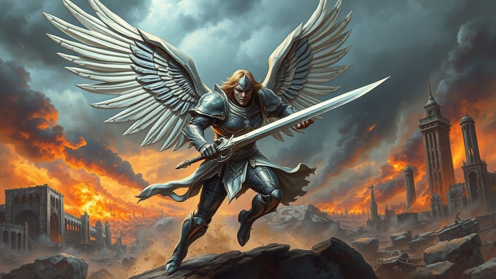 Majestic Angel Engages in Epic Combat Amidst Apocalyptic Rui...