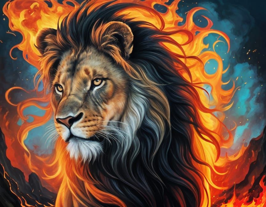 Surreal Lion with Fire Mane in Vivid Colors