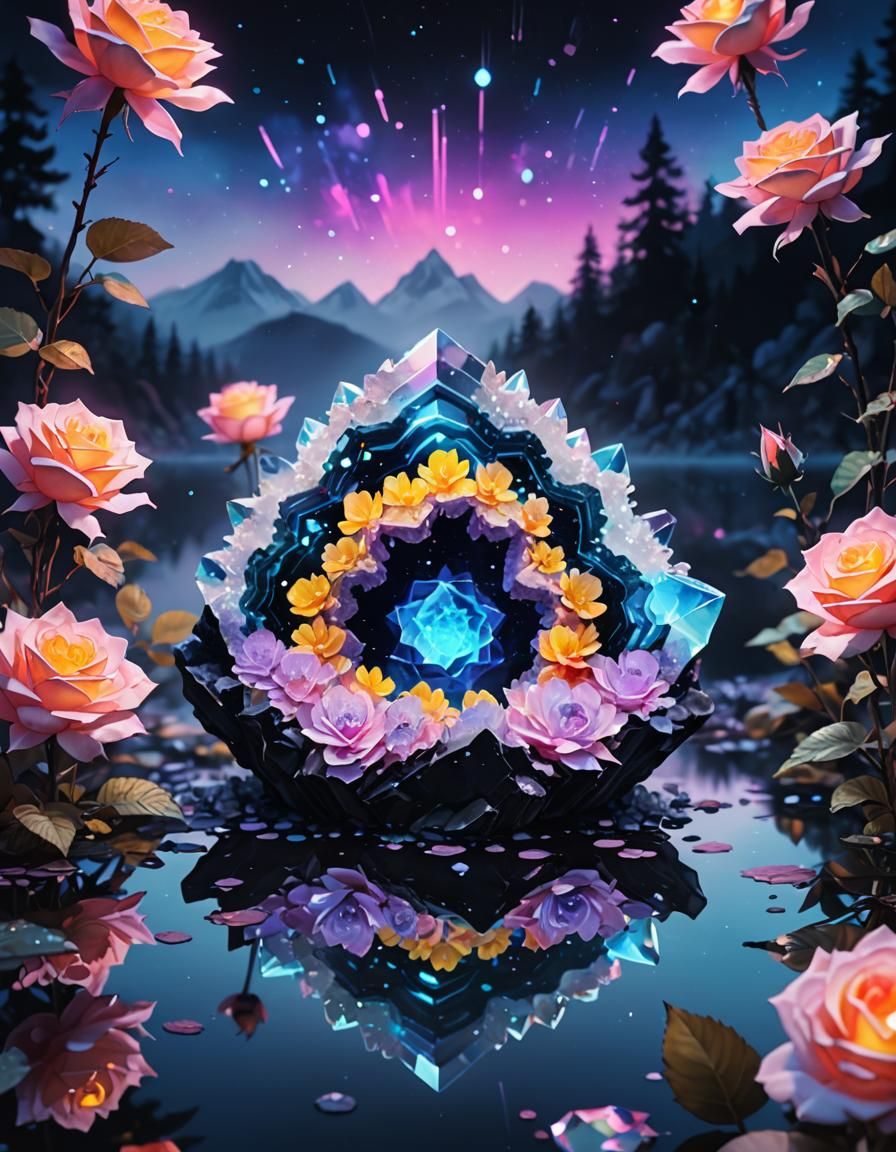 Neon Crystal Geode on Reflective Lake