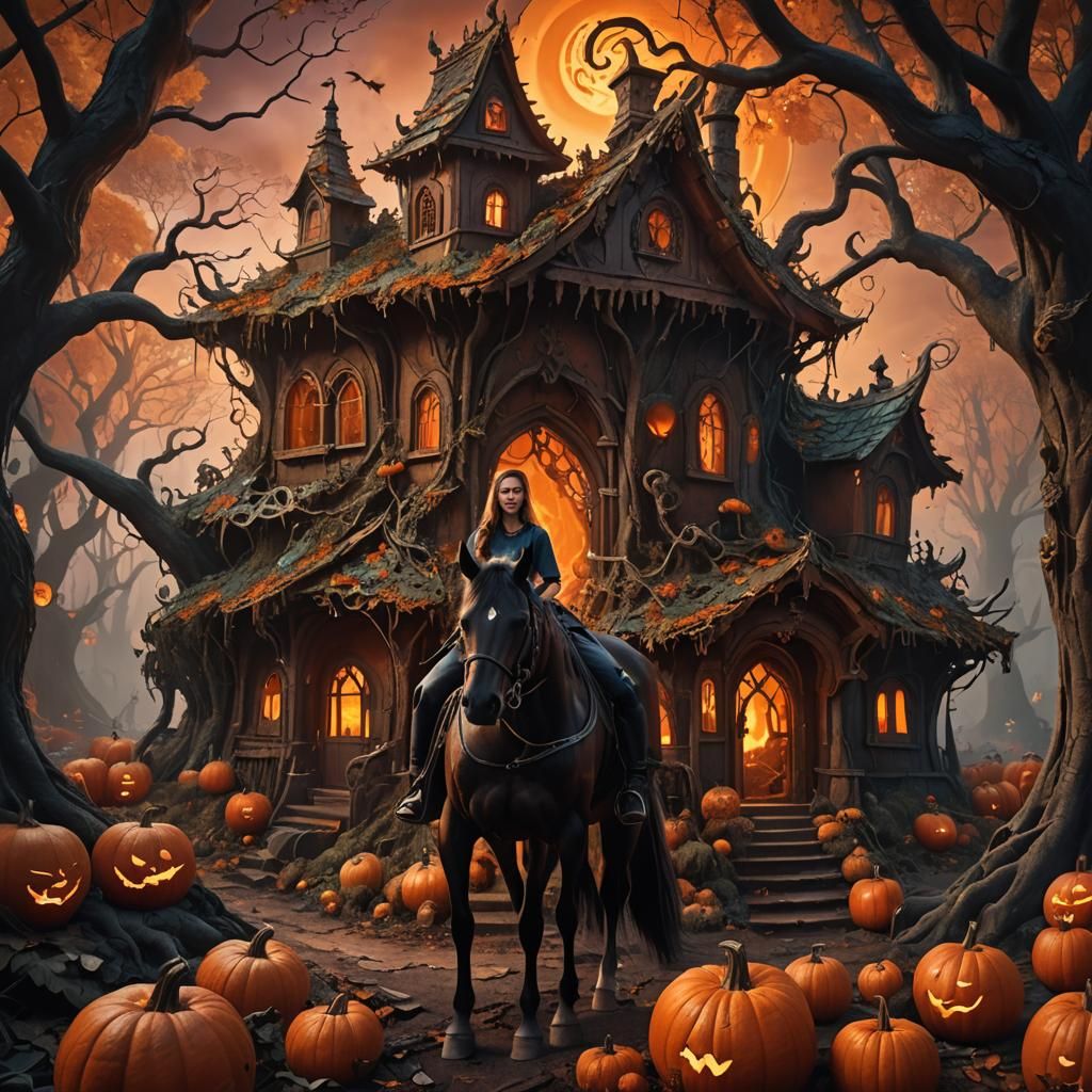 Girl in Pumpkin House in Dark Fantasy Forest