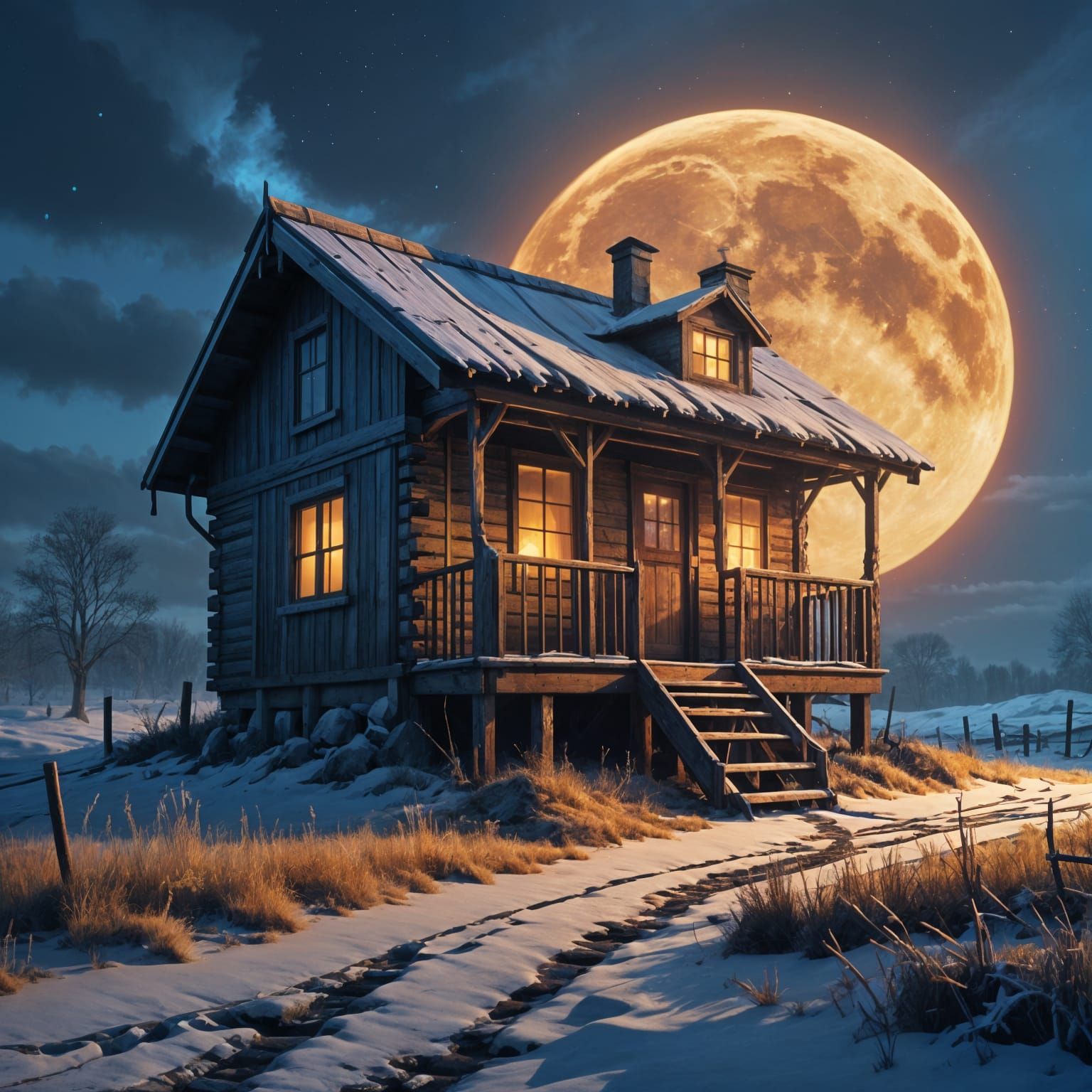 Golden Hour Fantasy Cottage Under Starry Night Sky
